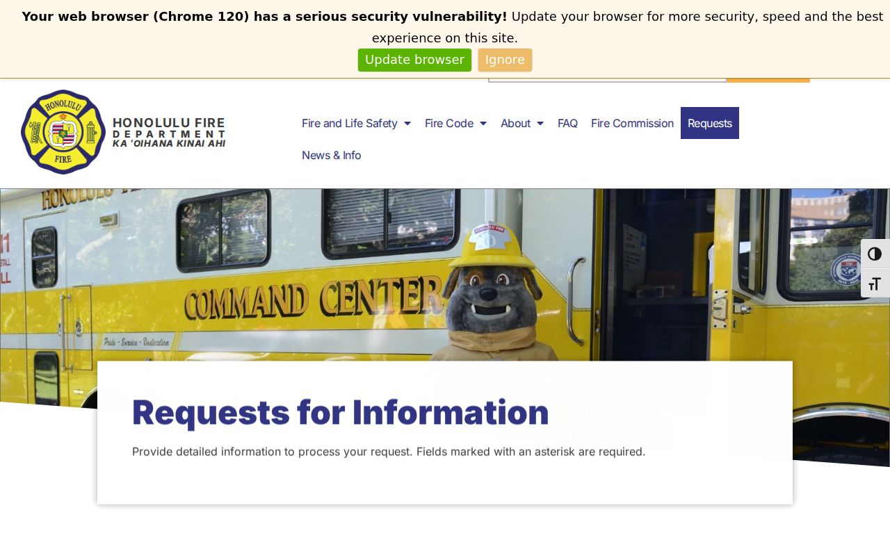 Honolulu Fire Department information request form with property and TMK fields