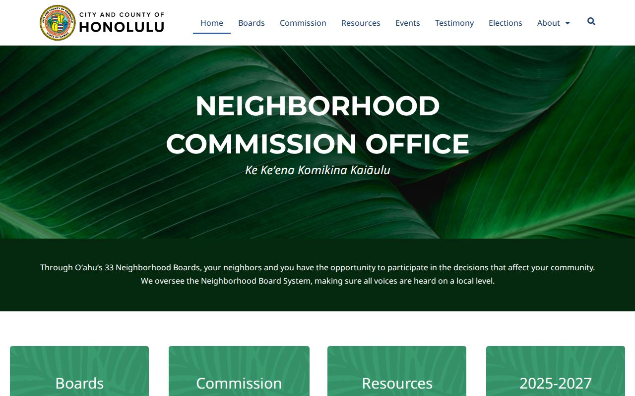 Honolulu Neighborhood Commission page with board area and public meeting links