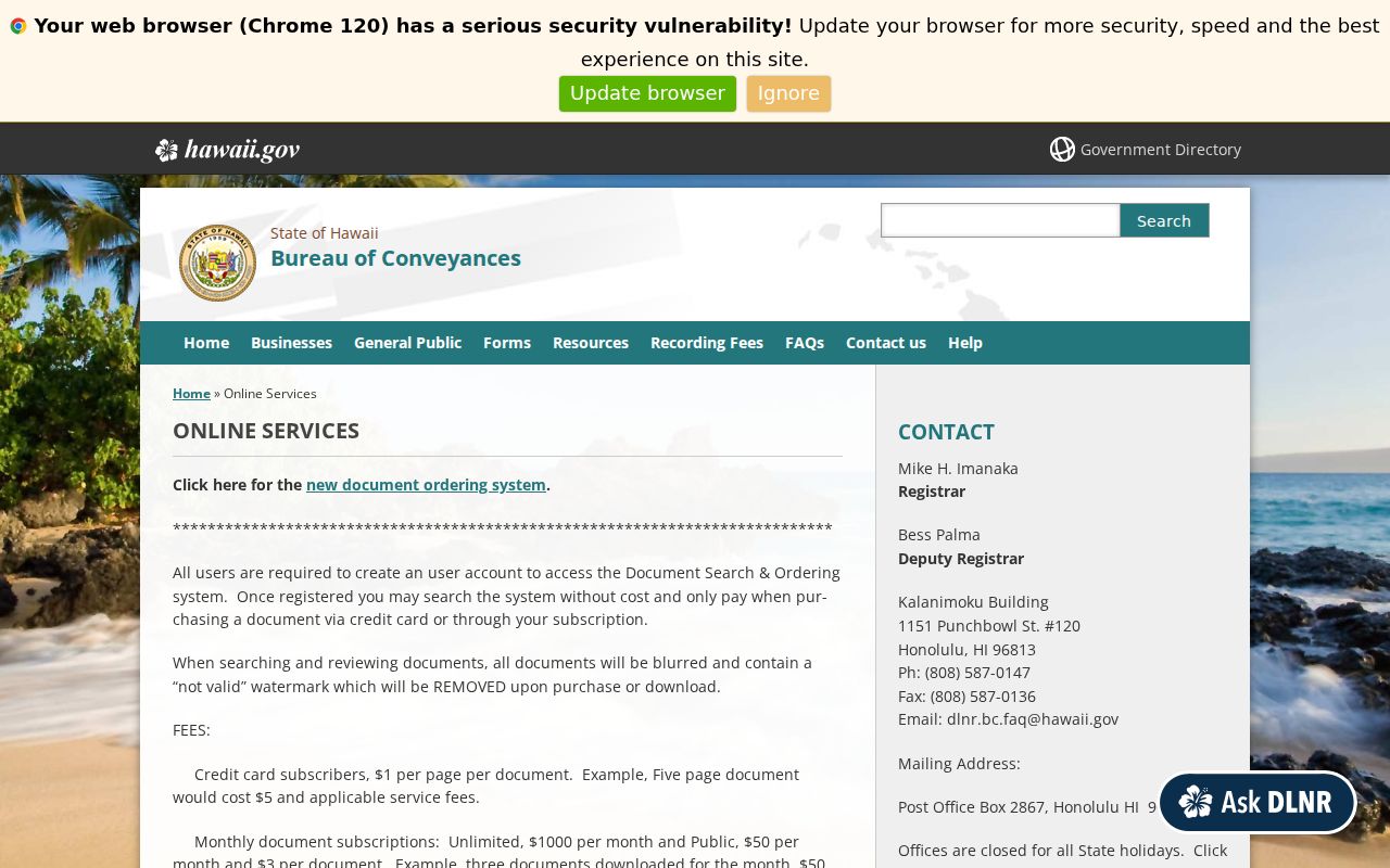 Hawaiʻi Bureau of Conveyances online services for Honolulu neighbor deed research