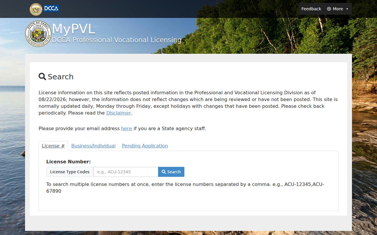 Hawaiʻi MyPVL public license search used for a Honolulu resident lookup