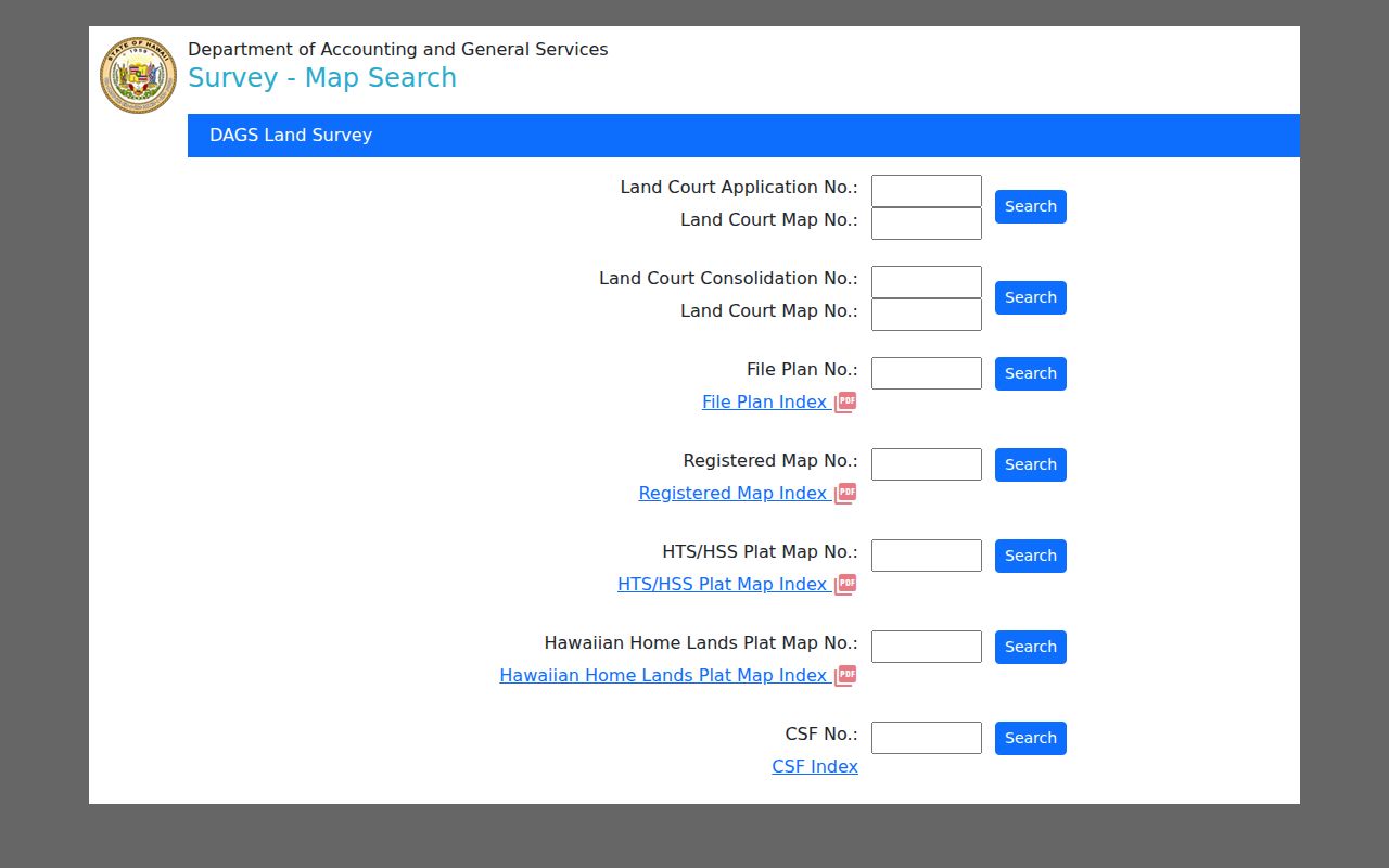 Hawaii DAGS survey map index with Land Court and file plan search fields