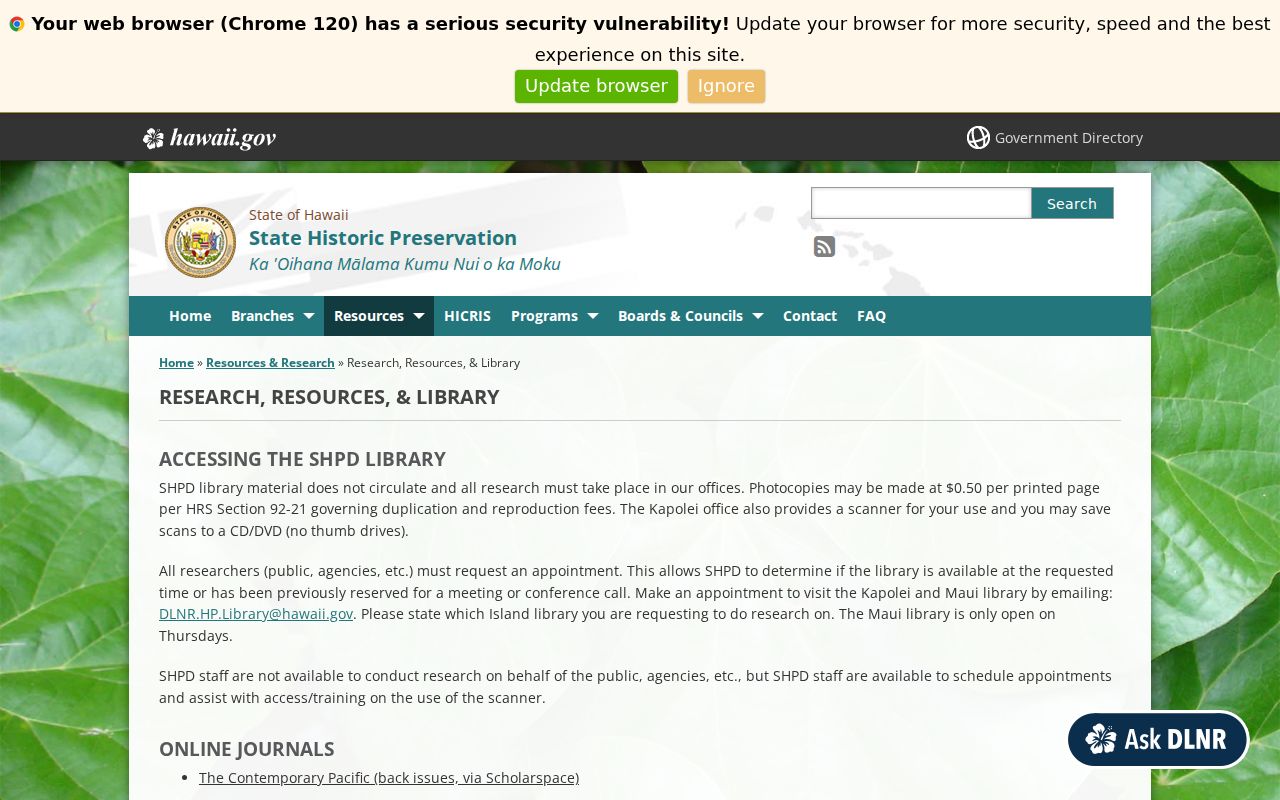 Hawaii SHPD research resources listing historic maps, surveys, aerials and tax atlases